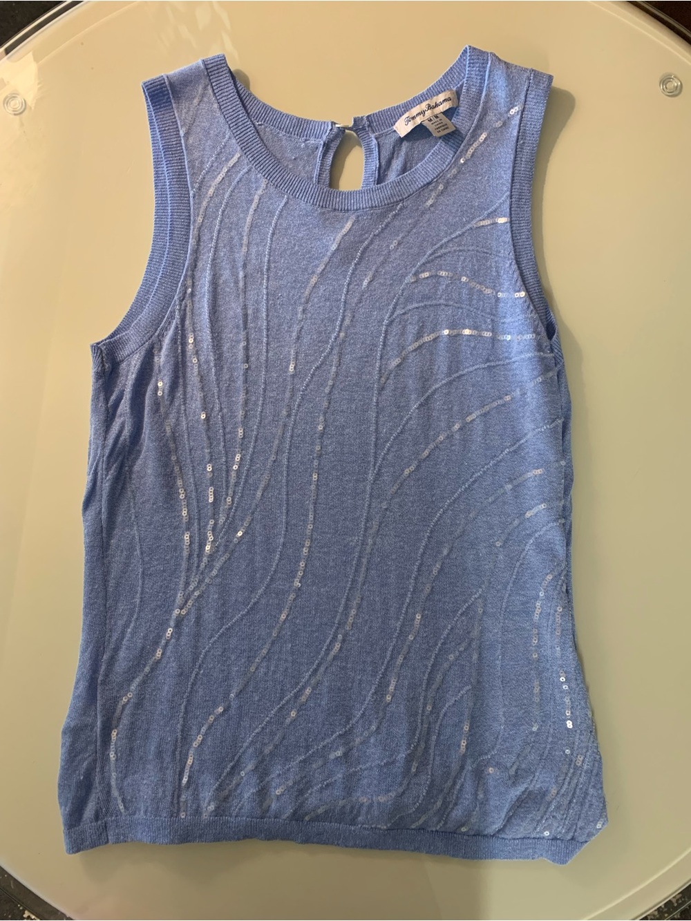 Tommy Bahama Blue Sequin-Detail Sleeveless Knit Top Linen Blend